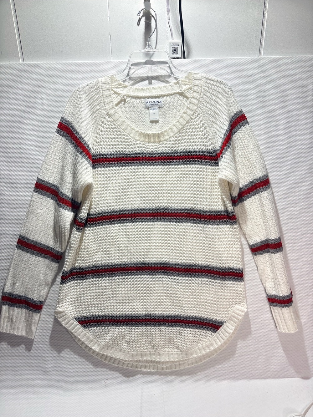 Arizona Jean Company Cream Knit Sweater with Red and Gray Stripes